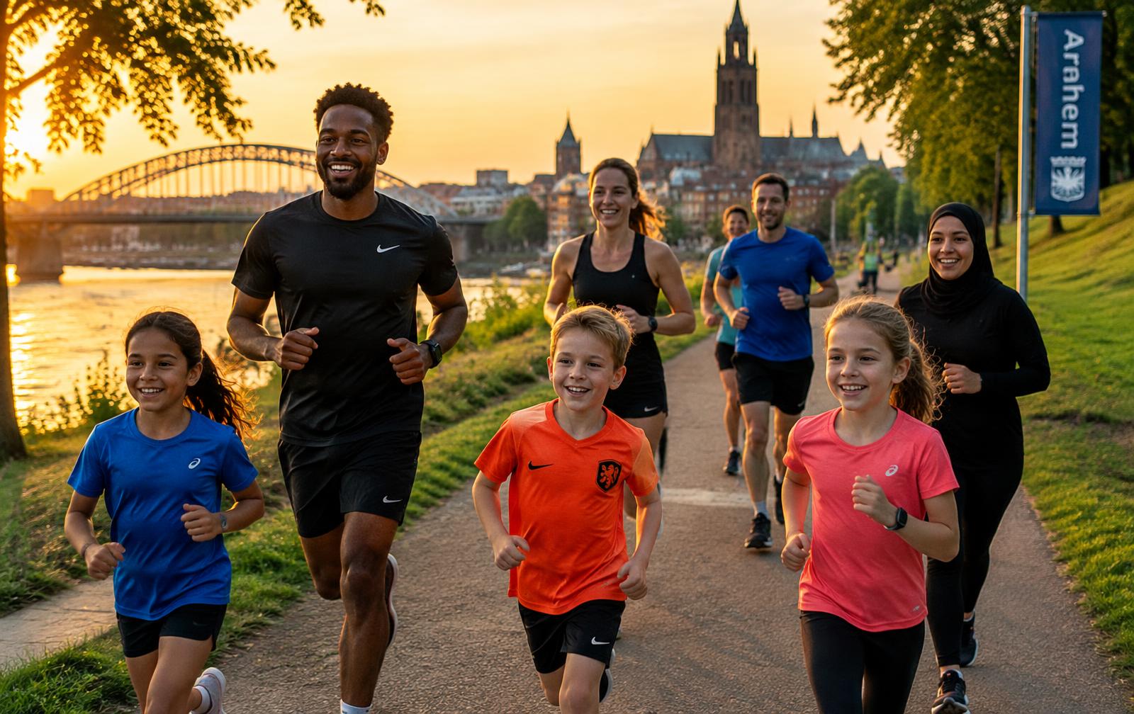Arnhemmers van alle leeftijden hardlopen langs de Rijn